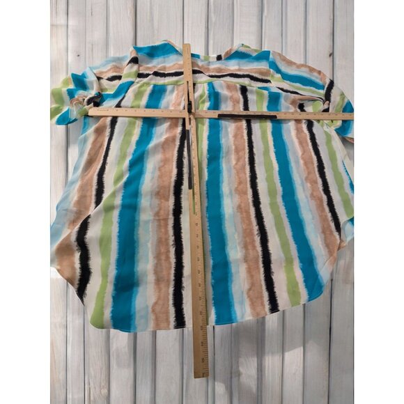 Worthington Womens Plus Size 4X Striped V-Neck Blouse Blue Green Beige Black - Picture 2 of 8